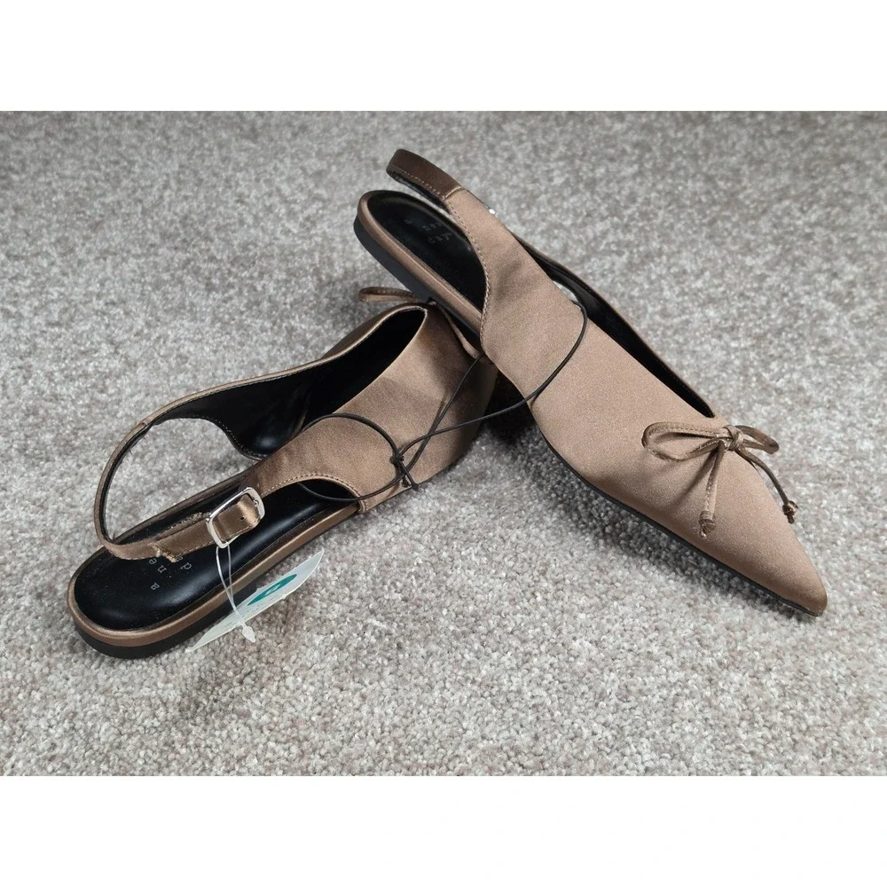 A New Day Camille Taupe Satin Pointed Toe Slingback Bow Flats Shoes Womens 8 NEW